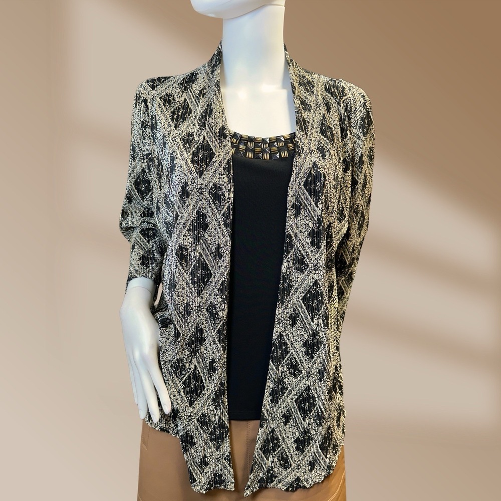 JM Collection Ladies Combo Connected Tank & Cardigan BLK/Gold Geo Beads Sz LP